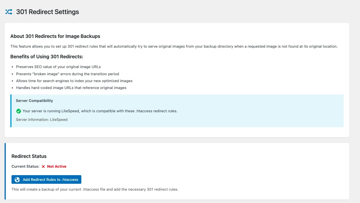 301 Redirect settings for image backups and SEO.
