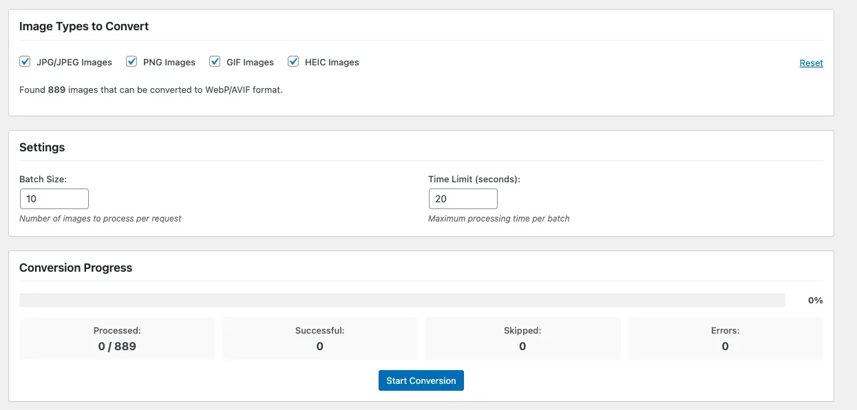 Microbite interface for bulk image conversion to WebP/AVIF.
