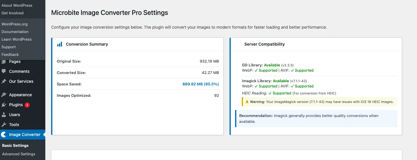Microbite Image Converter Pro settings screen.