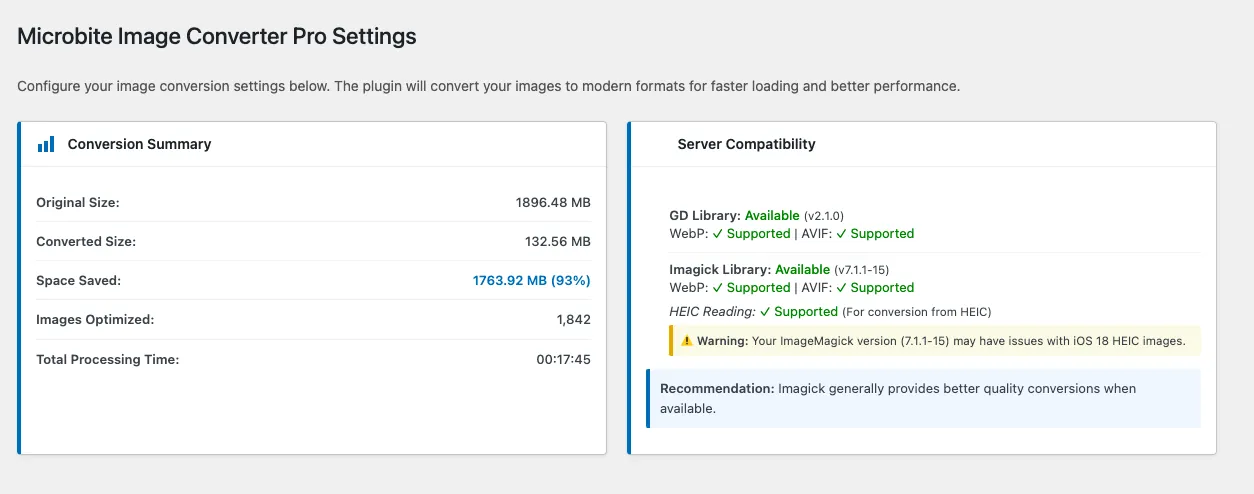 Microbite Image Converter Pro plugin settings summary screen.