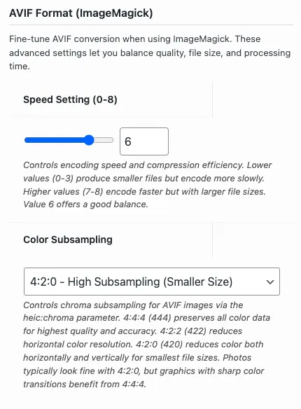 AVIF format settings for speed and color subsampling.