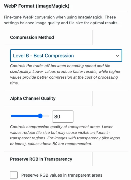 WebP image compression settings interface with options