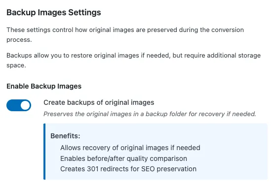 Backup images settings for preserving original images.