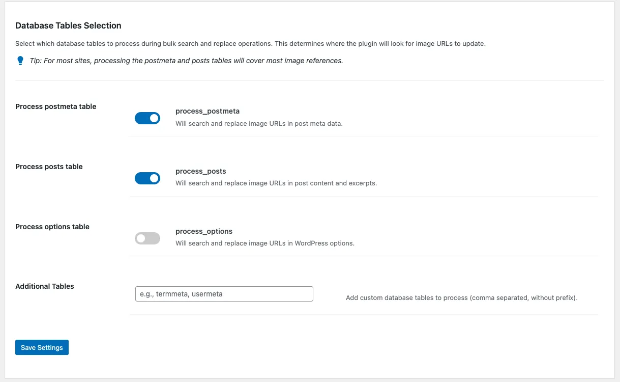 WordPress database tables selection settings screen