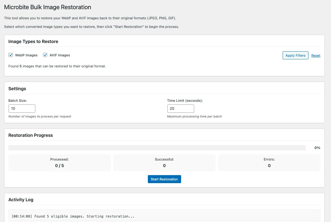 Microbite Bulk Image Restoration settings page displayed.