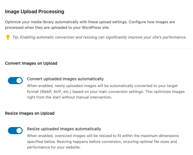 WordPress image upload processing settings screenshot.