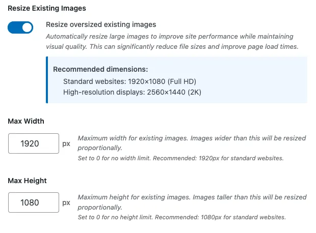 Resize images settings for web optimization.